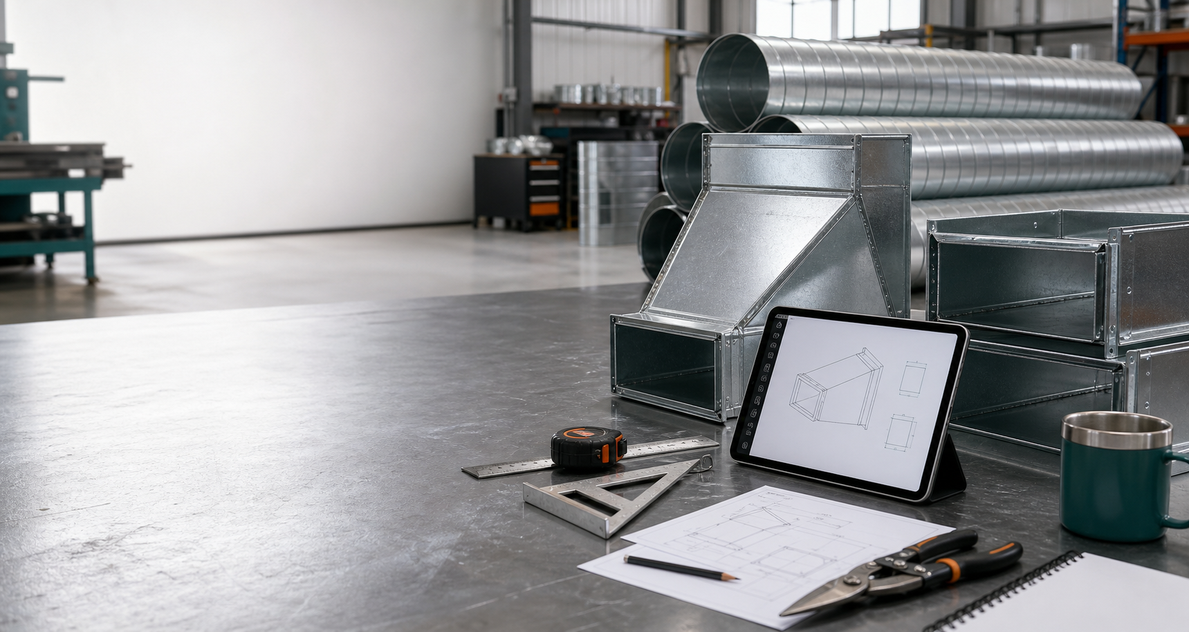 Sheet metal shop workbench with duct fittings and drawing tools
